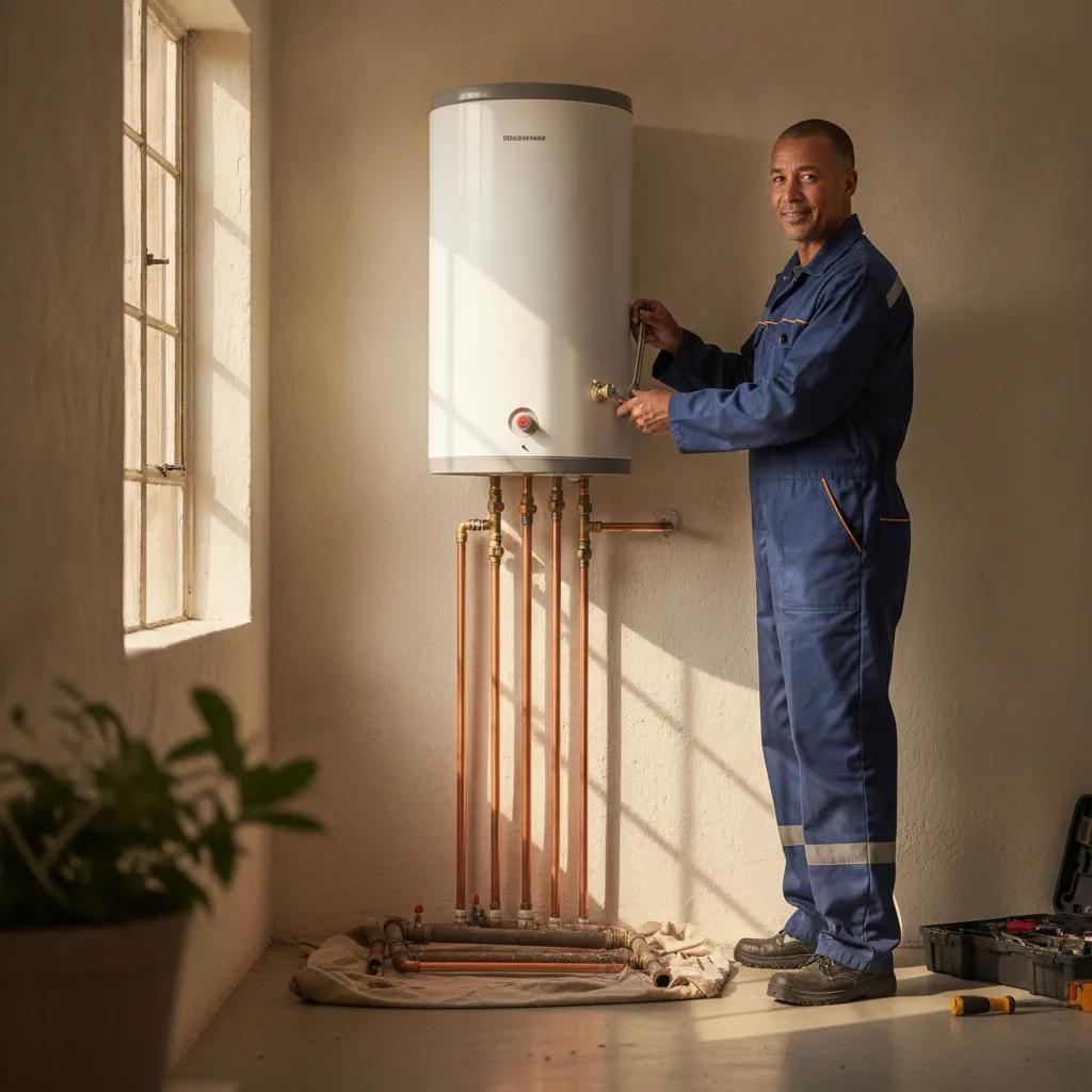 Certified South African plumber attending to a geyser in Sandton